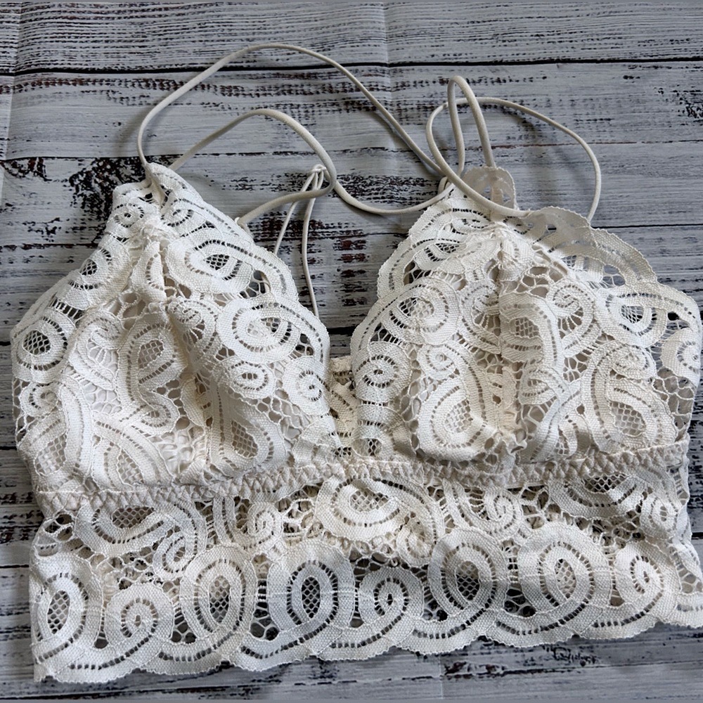 PINK Victoria's Secret Bralette Womens Small Cream Floral Lace Strappy Smocked